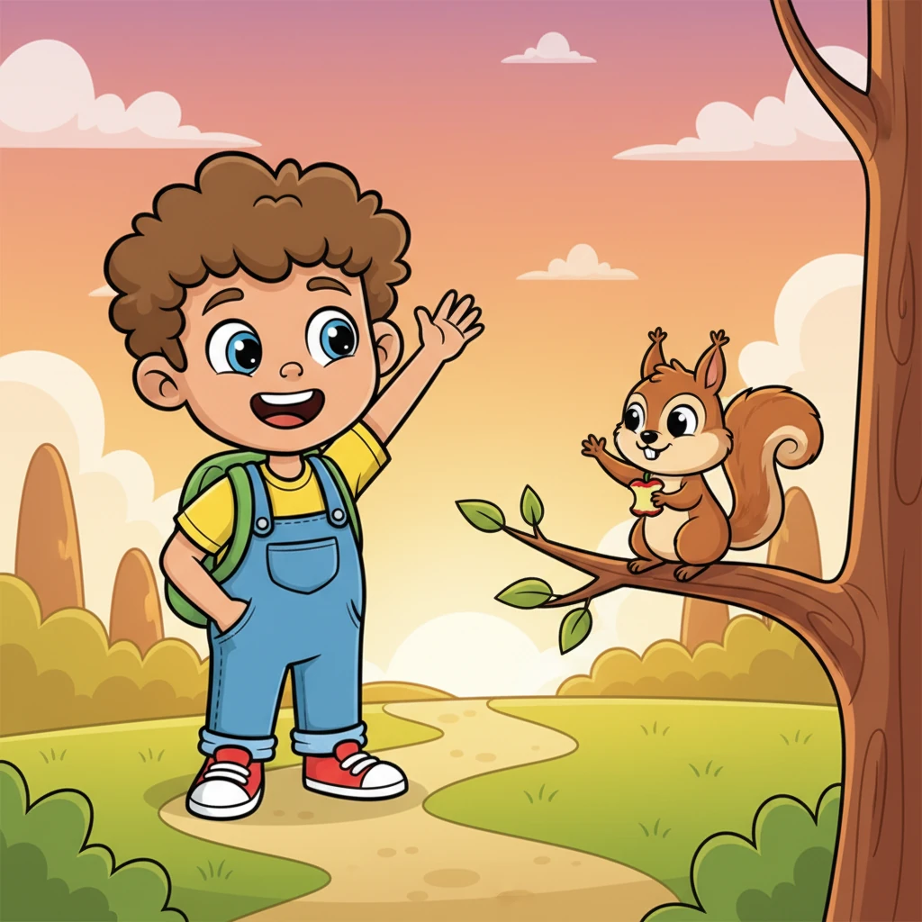 As the sun began to set, Benny and the squirrel waved goodbye to each other, promising to play again soon. Benny felt happy, not just because of the apple, but because he had made a wonderful new friend. It was a perfect end to a perfect day.