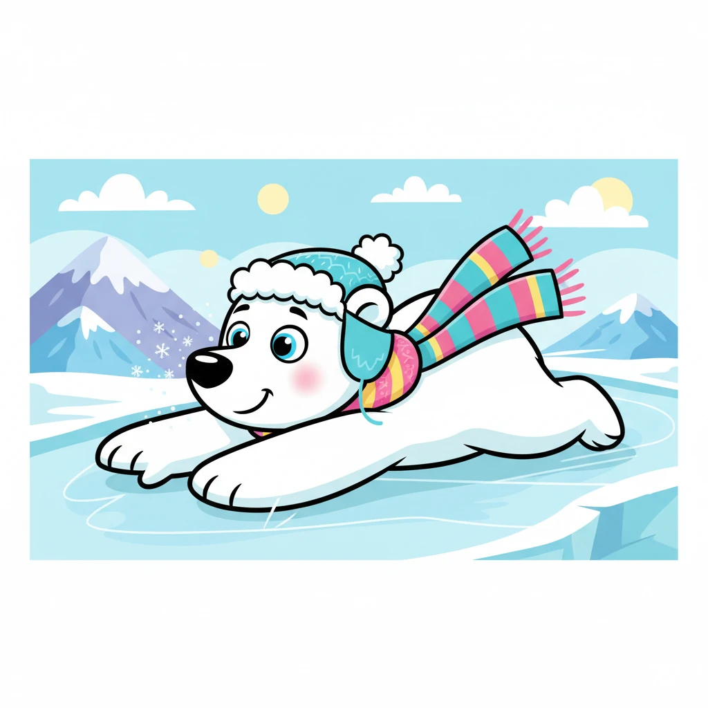 Pip the Polar Bear stretched wide, enjoying a perfectly frosty morning in the Arctic. He loved sliding on the slick ice, feeling the crisp air tickle his nose as he tumbled playfully.