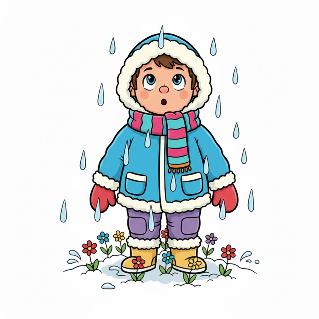 Suddenly, big, warm raindrops began to fall, pattering softly on the snow. Pip looked up, utterly confused, as tiny, colorful flowers popped open from the white ground all around him.