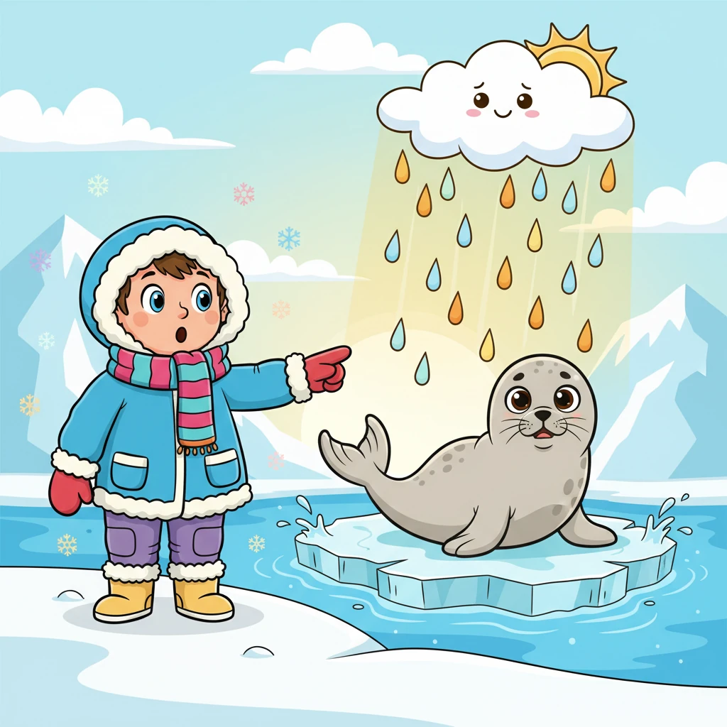 Pip soon spotted Sammy the Seal, who was trying to sunbathe on a melting ice floe but kept getting soaked by the unexpected shower. "What in the North Pole is going on?" Sammy wondered, shivering from the warmth.