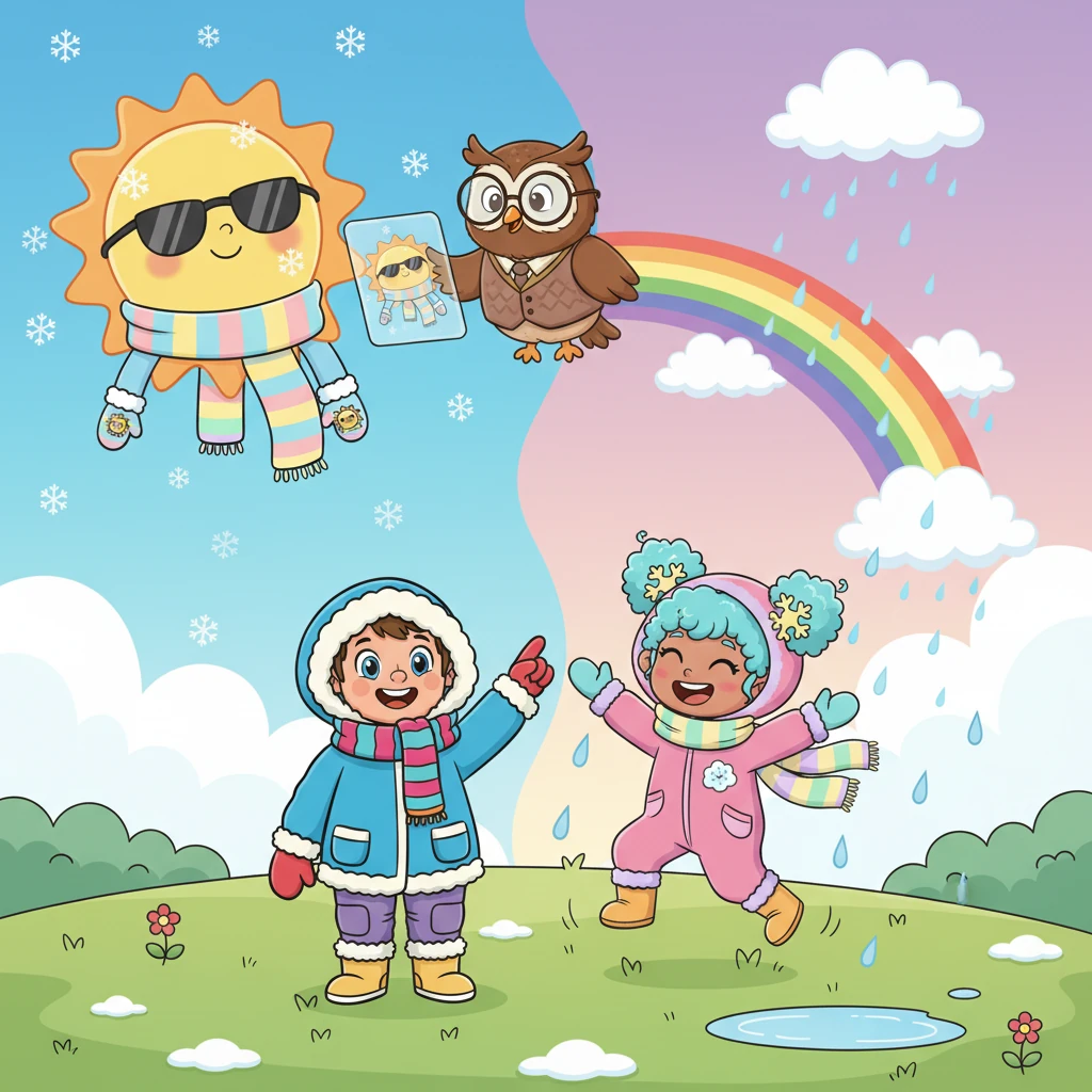"Today's forecast is... unpredictably extraordinary!" Professor Hoot announced, showing a graphic of a sun wearing a scarf and mittens. "We've got sunshine and snow, rain and rainbows, all at once!"