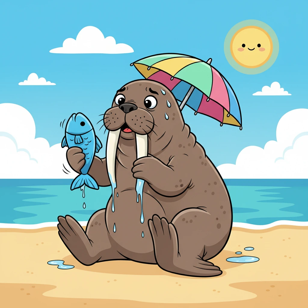 Meanwhile, Wally the Walrus was trying his best to keep cool under a tiny, colorful umbrella, fanning himself frantically with a fish. The unexpected heat made his magnificent tusks drip like icicles in springtime.