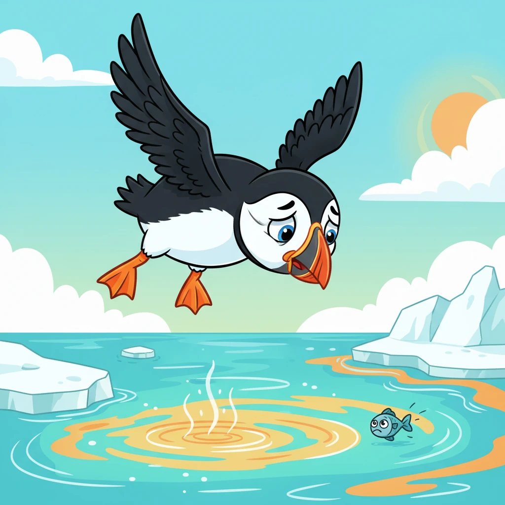 Penny the Puffin swooped down, looking glum. "The warm water has scared all the cold-loving fish away!" she sighed, flapping her wings. "This mixed-up weather is making mealtime mighty tricky!"