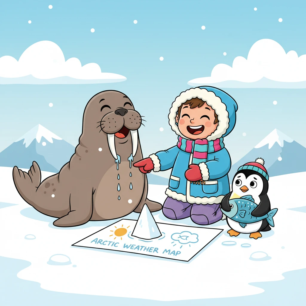 The animals huddled around a makeshift "Arctic Weather Map" they drew in the snow. They shared their funny experiences and observations, giggling at Wally's melting tusks and Penny's fishy dilemma.