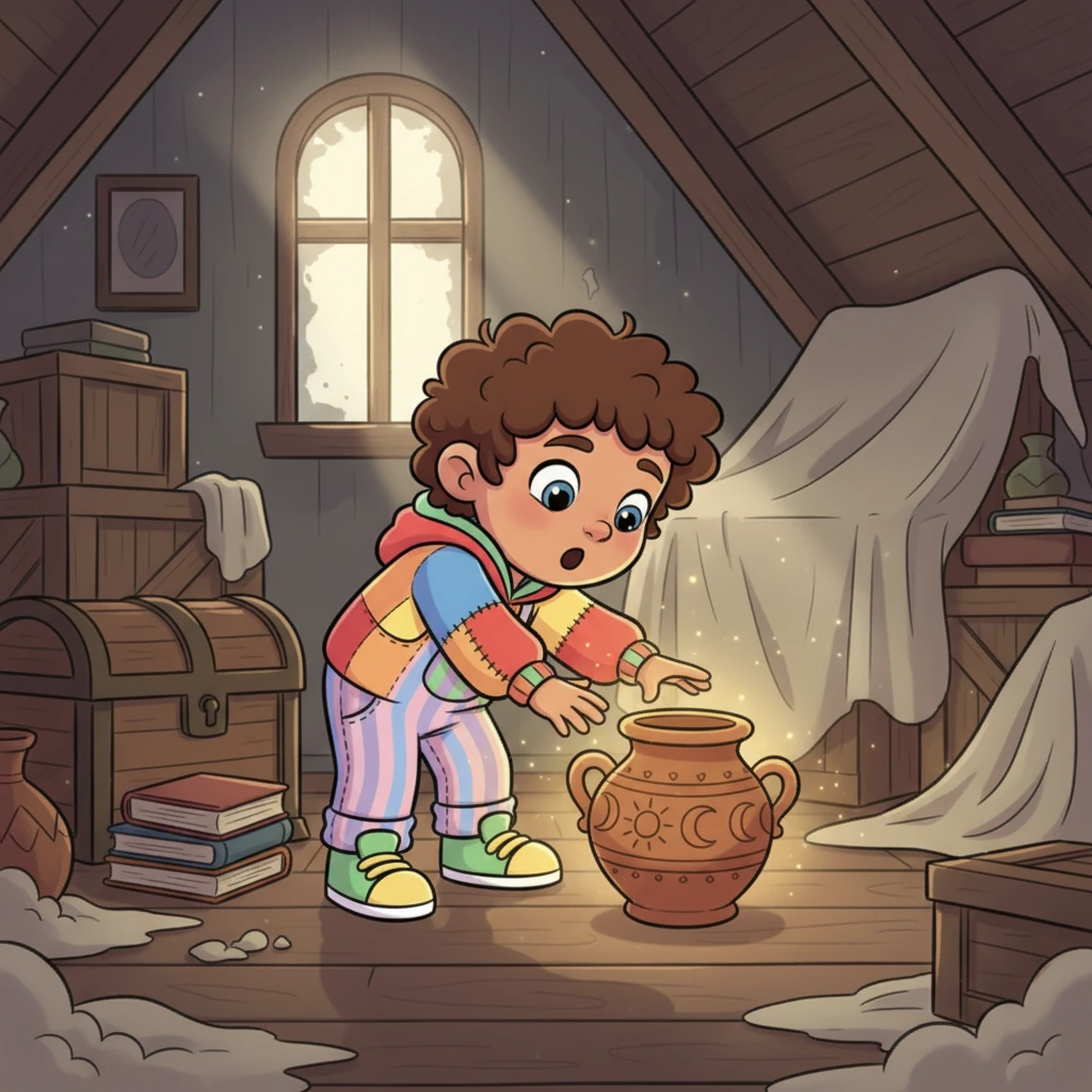 One sunny afternoon, exploring his Abuela's attic, Mateo stumbled upon an ancient, ornate clay pot tucked away in a dusty corner. To his surprise, it glowed with a soft, warm light.