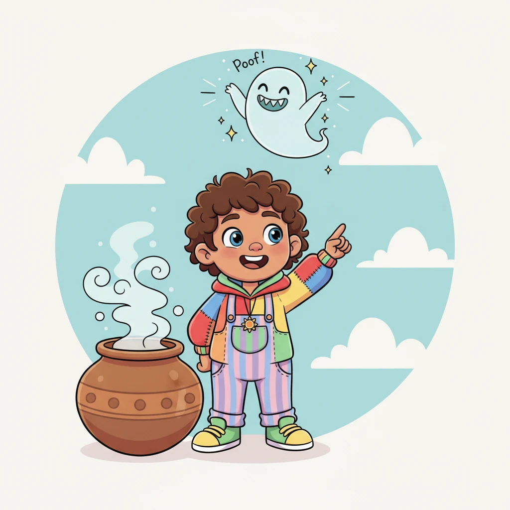 Suddenly, with a playful 'Poof!', a tiny, translucent ghost with a mischievous grin zipped out of the pot. The little spirit, who introduced himself as Chico, giggled and performed delightful somersaults in the air.