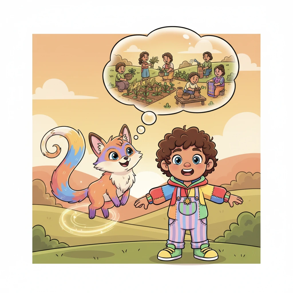 Chico, with a swirl of his tail, created a shimmering thought bubble. Inside, Mateo saw cheerful figures in simple clothes, happily tending fields and crafting beautiful objects, showing the enduring spirit of his early ancestors working the land.