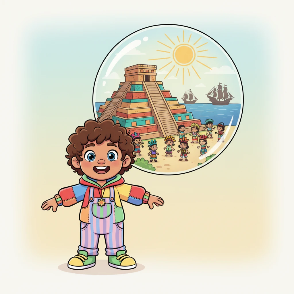 Another bubble formed, revealing majestic Aztec pyramids under a bright sun, bustling with people in colorful attire. Then, silhouettes of tall ships appeared on the horizon, hinting at big changes to come for the indigenous cultures.