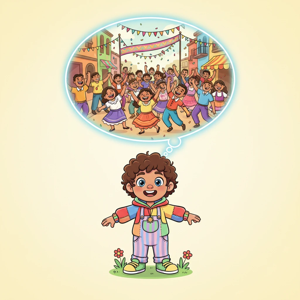 A third thought bubble glowed, displaying a vibrant street scene filled with people dancing and laughing, holding up colorful banners. They were celebrating their unique culture and unity, a testament to their strength and pride.