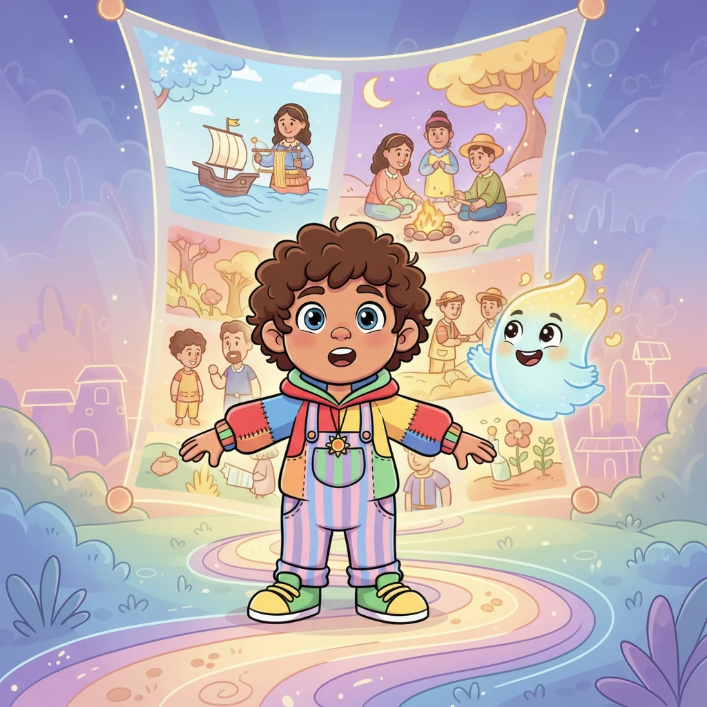 Mateo's eyes widened with wonder and pride as he saw the rich tapestry of his family's past unfold before him. Chico floated around him, nodding encouragingly with a wide, happy smile.