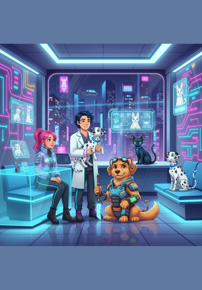 In the bright and cheerful waiting room, Bobby sits tall and proud on the patterned rug while a colorful parrot squawks a friendly hello from a nearby perch. Matrix stays tucked safely inside her carrier, her whiskers twitching as she cautiously observes the busy world of the animal clinic.