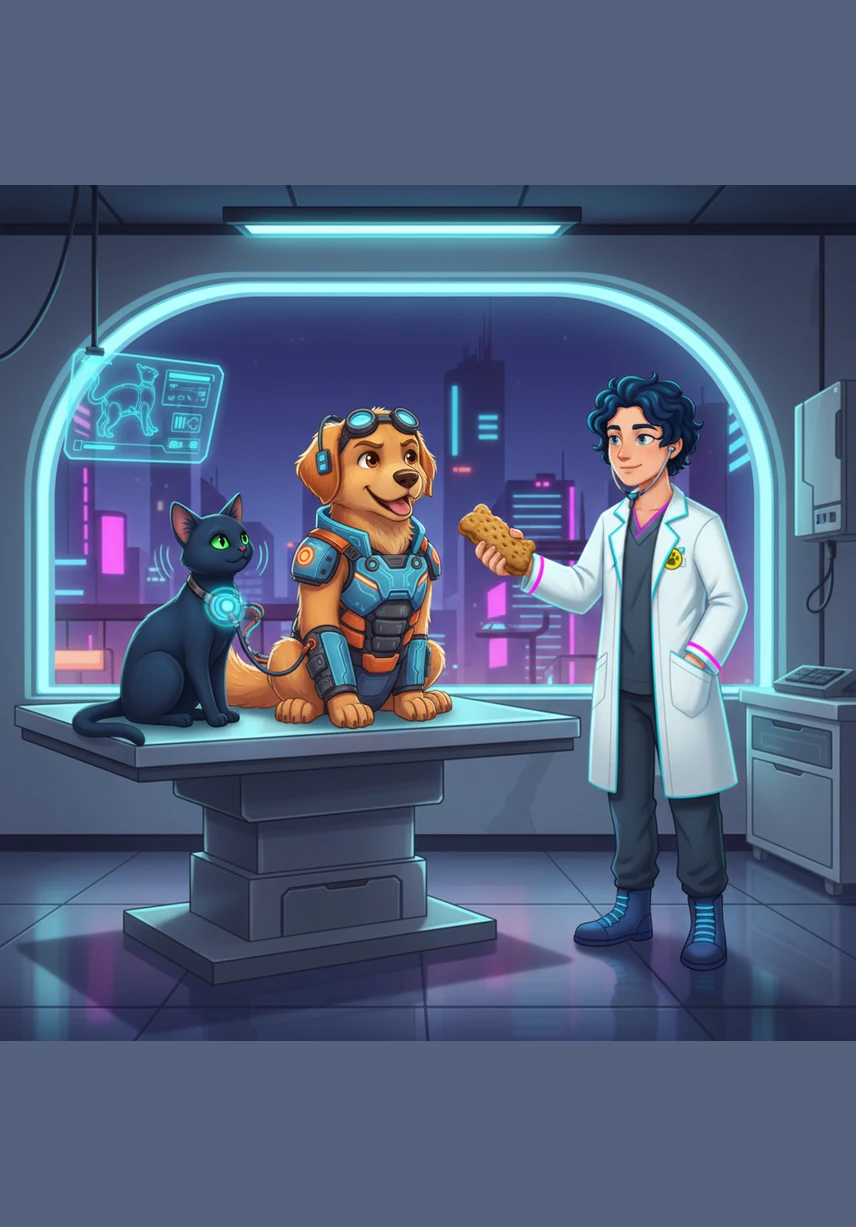 Dr. Kind hands Bobby a delicious peanut butter biscuit after his check-up, making his tail thump happily against the exam table. Matrix lets out a soft, vibrating purr as the gentle vet listens to her heart, realizing that being cared for is actually a very wonderful thing.