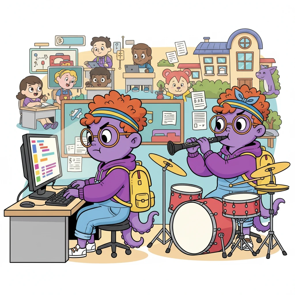 Next, Octavia tried coding, typing furiously with multiple arms to create a game. She also joined the university band, playing the clarinet and the drums simultaneously. Her days were a whirlwind of classes, projects, and rehearsals.