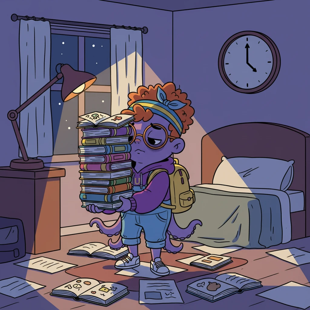 Exhaustion began to set in as Octavia struggled to keep up with everything. Her textbooks piled high, and her sleep schedule was nonexistent. She realized she couldn't master everything all at once, no matter how many arms she had.