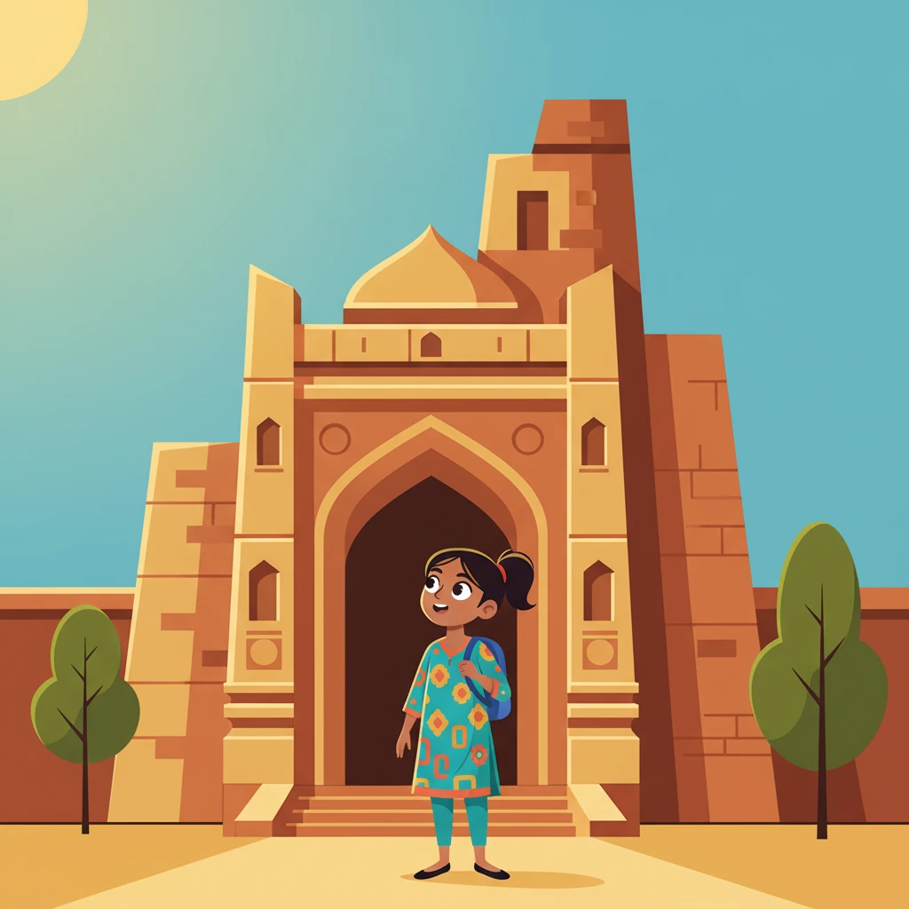 Leela, a bright-eyed child in a vibrant kurta, arrives at the grand heritage site, her backpack slung over her shoulder. She gazes up at the imposing entrance, a mix of ancient arches and intricate carvings, her heart buzzing with excitement for the day ahead. The morning sun casts a warm glow, inviting her in.