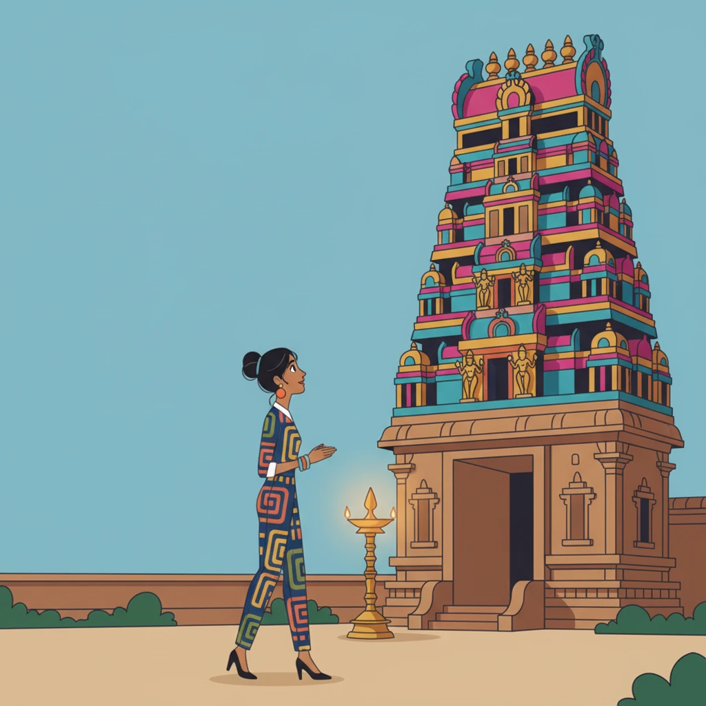 Next, she discovers a serene temple, its vibrant gopuram adorned with colorful sculptures of deities and mythical creatures. Leela walks quietly around, admiring the detailed craftsmanship and the peaceful atmosphere. A traditional lamp glows softly near the entrance, a beacon of cultural heritage.