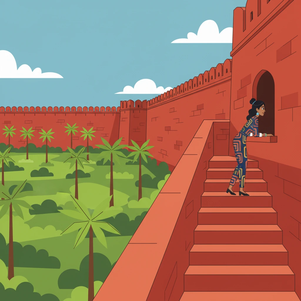 She then climbs steps to a historic fort wall, its robust red stone stretching far into the distance. Leela peeks through an arched window, imagining ancient guards watching over the land. The panoramic view reveals lush green gardens below, dotted with tall palm trees.