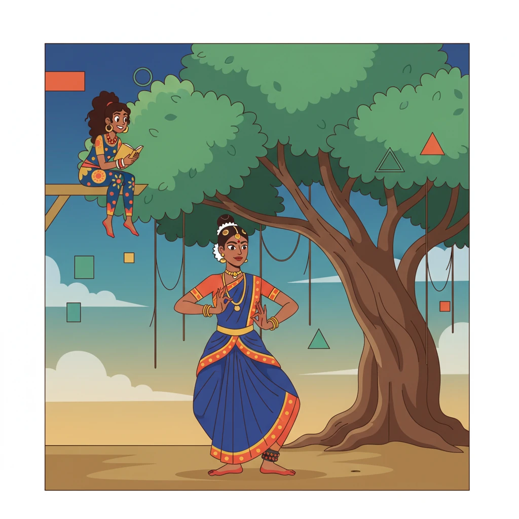 As she descends, Leela sees a classical dancer gracefully performing a Bharatanatyam pose under a banyan tree. The dancer's vibrant costume and expressive hand gestures captivate Leela. She pauses, mesmerized by the rhythm and beauty of the ancient art form.