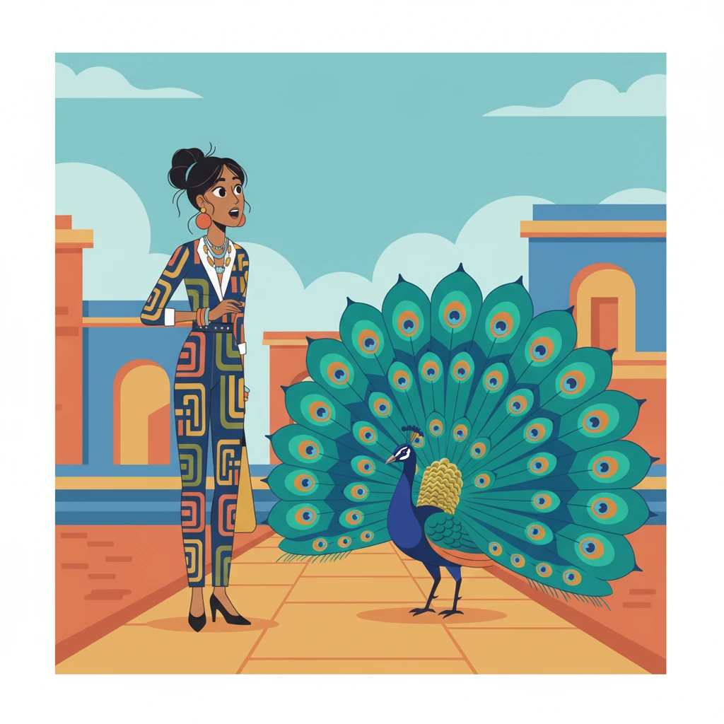 Suddenly, a magnificent peacock unfurls its iridescent tail nearby, displaying a dazzling array of blues and greens. Leela gasps in delight, watching the national bird strut with regal elegance. Its vibrant plumage seems to mirror the colors of the cultural site.