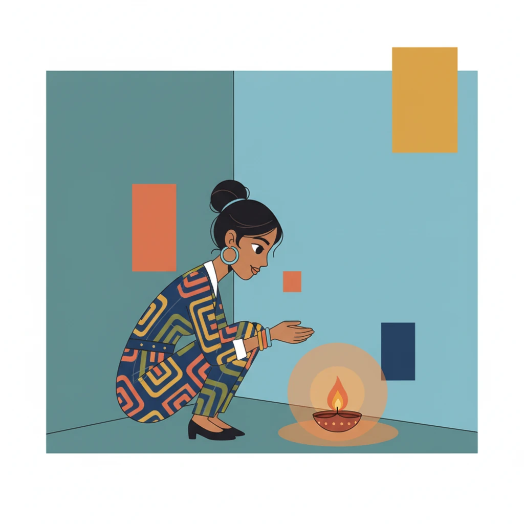 Later, Leela finds a quiet corner where a traditional diya flickers gently, casting a soft, inviting light. She observes its simple beauty, understanding its significance in Indian traditions and celebrations. The warm glow fills her with a sense of peace and connection.