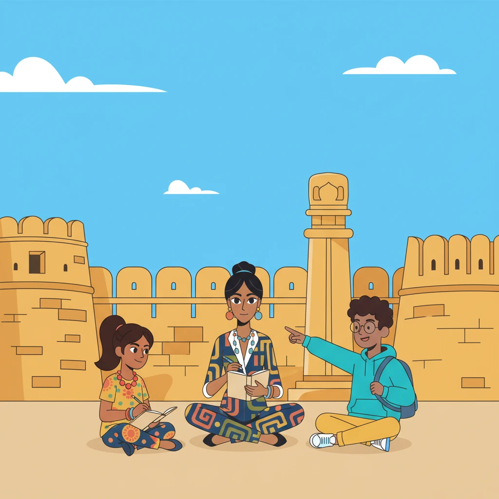 She then spots other children, much like herself, engaged in learning. One child sketches the fort wall in a notebook, while another points excitedly at a monument. Leela joins them, opening her own small notebook, feeling a sense of shared discovery and curiosity.