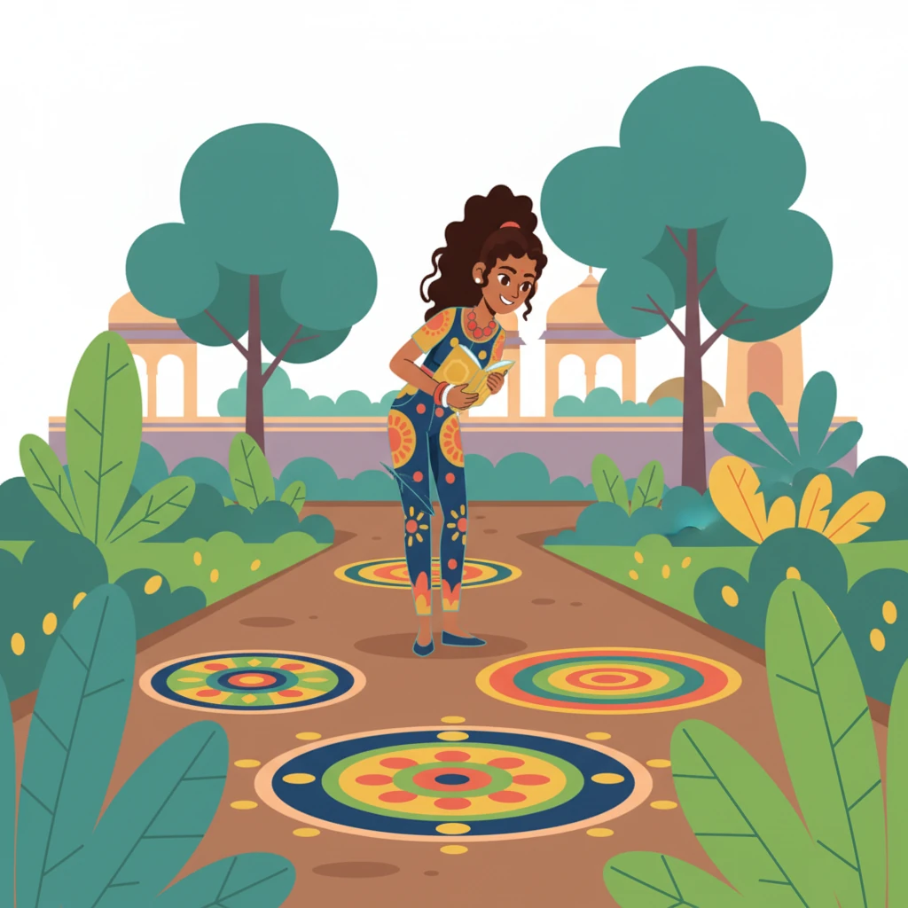 Walking through the gardens, Leela notices intricate rangoli patterns decorating the ground, their vibrant colors forming beautiful geometric designs. She smiles, admiring the artistic expressions that welcome visitors. Each pattern tells a silent story of tradition and artistry.
