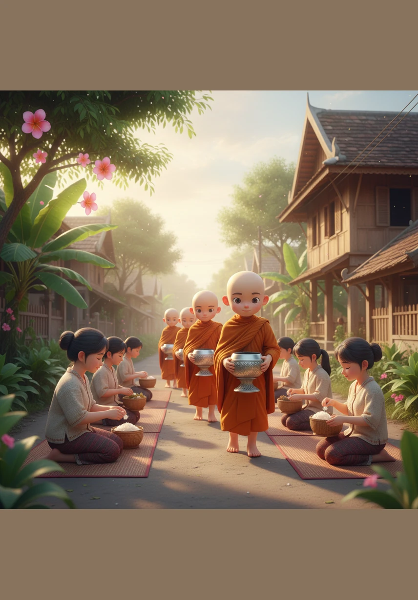 In the ancient capital of Luang Prabang, Noy quietly observes the morning alms ceremony as monks in vibrant orange robes walk past lush green trees. The atmosphere is peaceful and solemn, with only the sound of soft footsteps on the historic brick paths.
