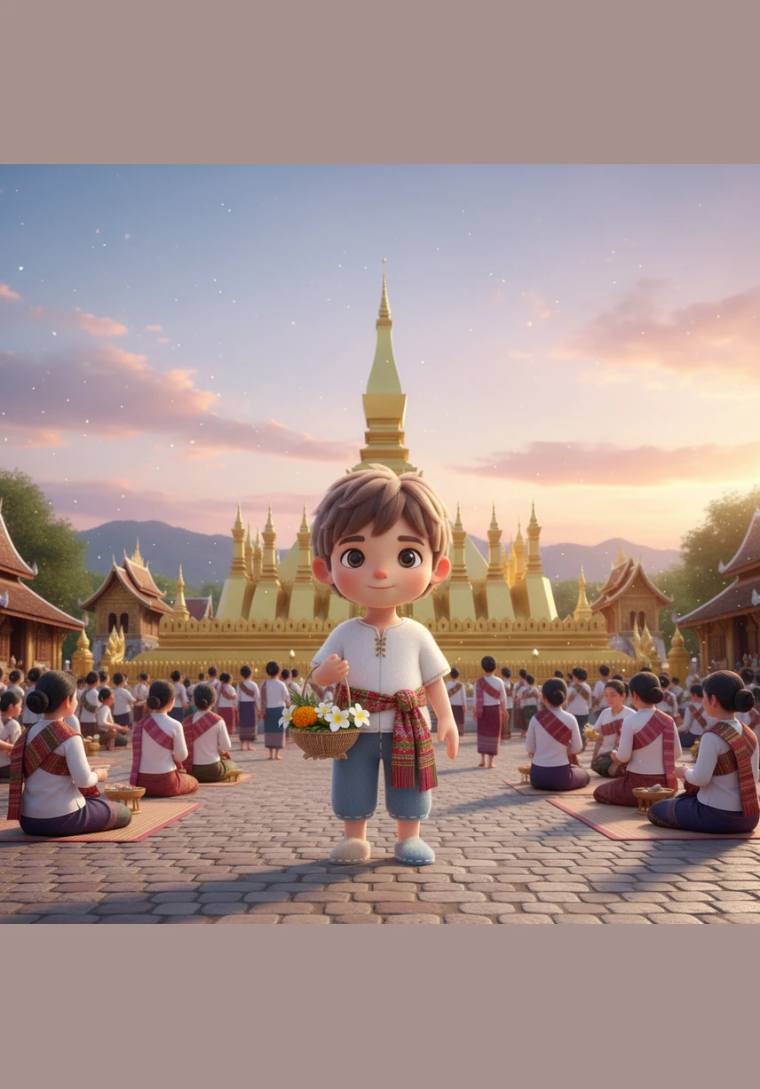 In the capital city of Vientiane, the golden spire of Pha That Luang shines brilliantly under the hot midday sun. Noy bows respectfully before the country's most sacred symbol, feeling a deep sense of peace and pride.
