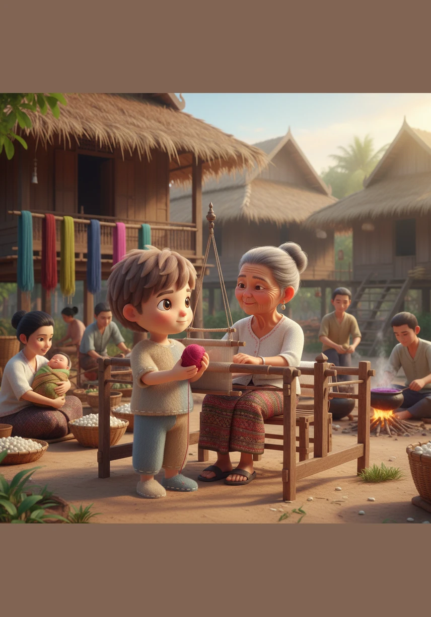 Inside a traditional silk-weaving village, Noy watches closely as the skilled hands of the local women weave vibrant patterns into beautiful fabrics. Every thread and color tells a story of the unique cultural identity of the Lao people.