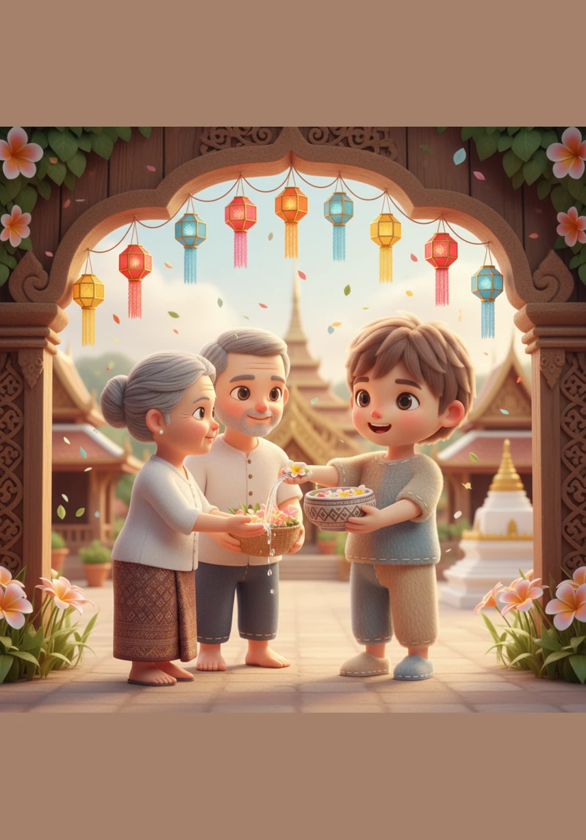As the Boun Pi Mai festival arrives, Noy joins his friends in the joyful tradition of splashing water to bring good luck. Laughter echoes everywhere as the cool water washes away worries, welcoming a new year filled with hope.