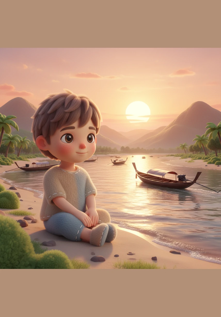 As the sun sets behind the distant mountains, Noy sits by the Mekong River watching long-tail boats glide across the water. He feels proud of the peaceful and simple beauty of Laos, promising to always cherish and protect his beautiful homeland.