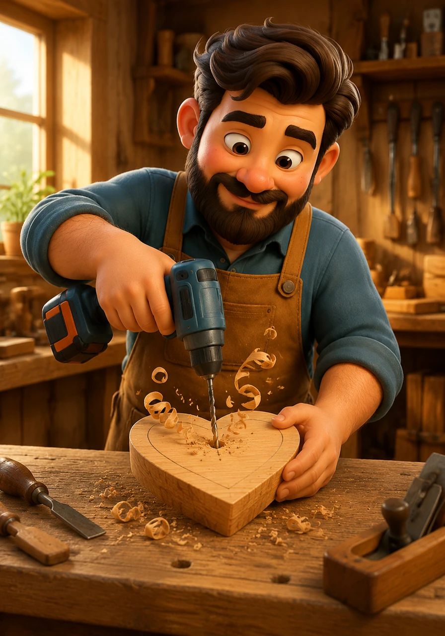 The rhythmic sound of the drill fills the quiet room as Silas begins to pierce the wood along the charcoal lines. Little curls of oak spiral upward, dancing in the morning light as he works with focused intent.