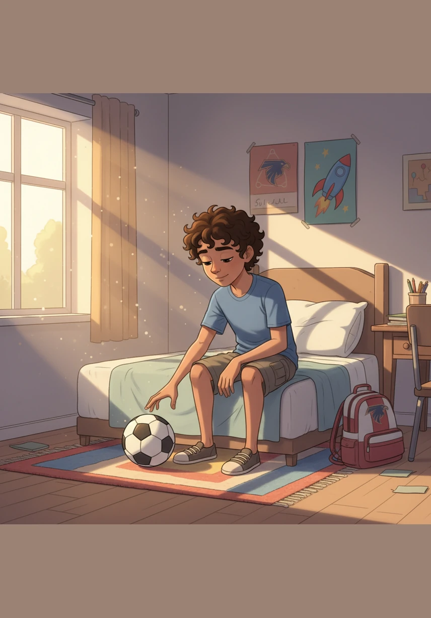 Hussein wakes up early on a sunny Saturday morning. He sees his black and white soccer ball sitting right next to his bed. Today is a special day for a game at the park.