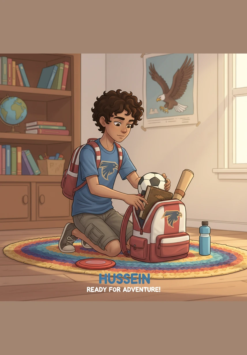 He puts on his bright red jersey and his favorite blue shorts. Hussein sits on the floor and ties his shoelaces very carefully. He is ready to run and play.