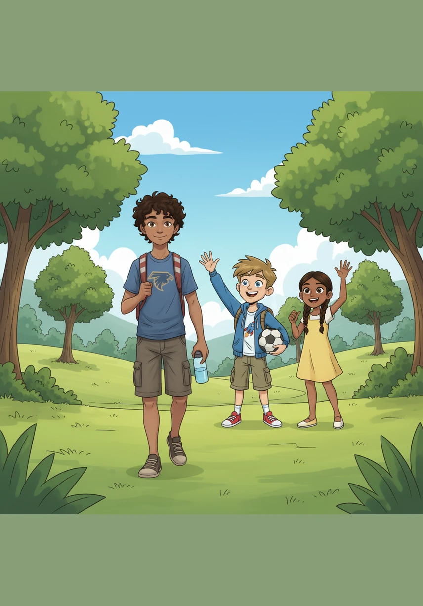 Hussein walks to the big green park with his water bottle in his hand. His friends are already there waiting for him. They all wave and smile as he arrives.