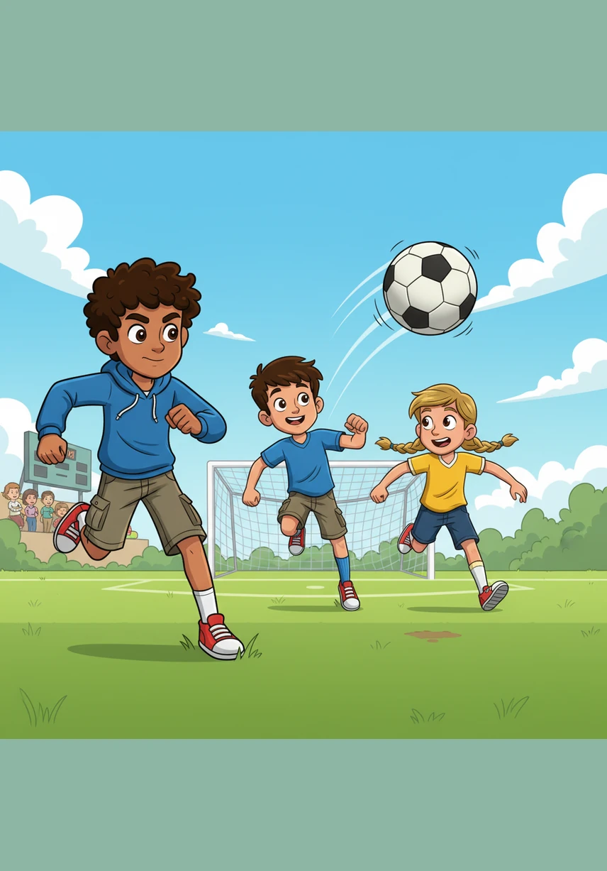 The soccer game begins and all the children run very fast. Hussein watches the ball move across the green grass. He stays focused and waits for his chance to play.