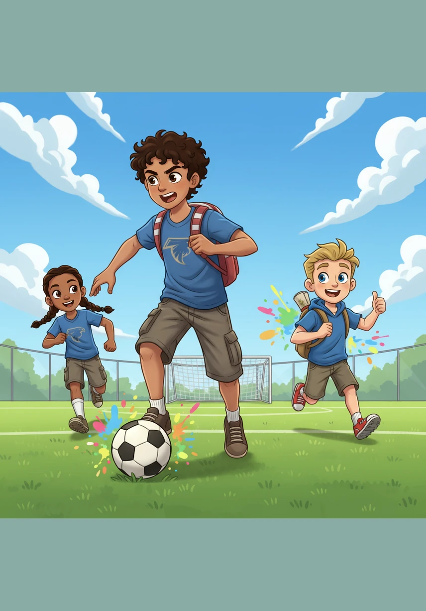 Suddenly, the ball comes right to Hussein's feet. He keeps the ball close and dribbles past a tall player. He feels very fast and strong as he moves down the field.