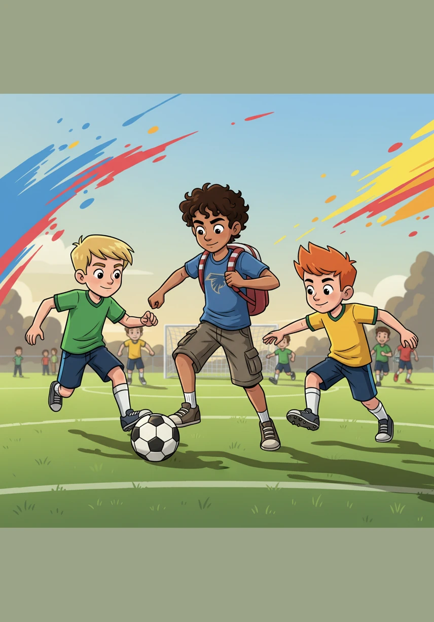 Two players from the other team try to take the ball away. Hussein looks up and sees his friend Leo standing open. He kicks the ball quickly to Leo.