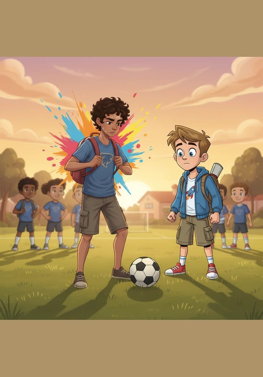 Hussein takes a deep breath and looks at the white net. He swings his leg back and kicks the ball with all his power. The ball zooms across the grass.