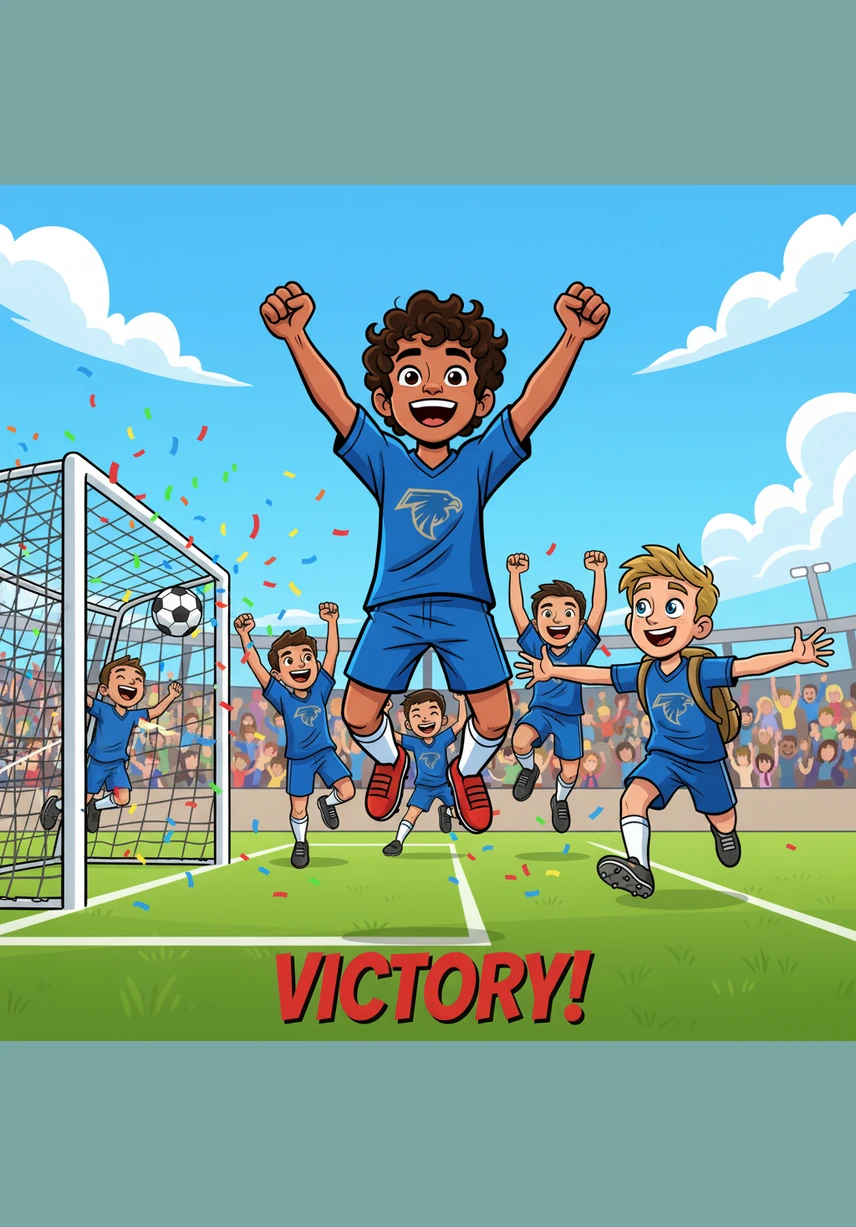 The ball flies through the air and hits the back of the net. The goalie jumps but he cannot catch it. Hussein scores a wonderful goal for his team!