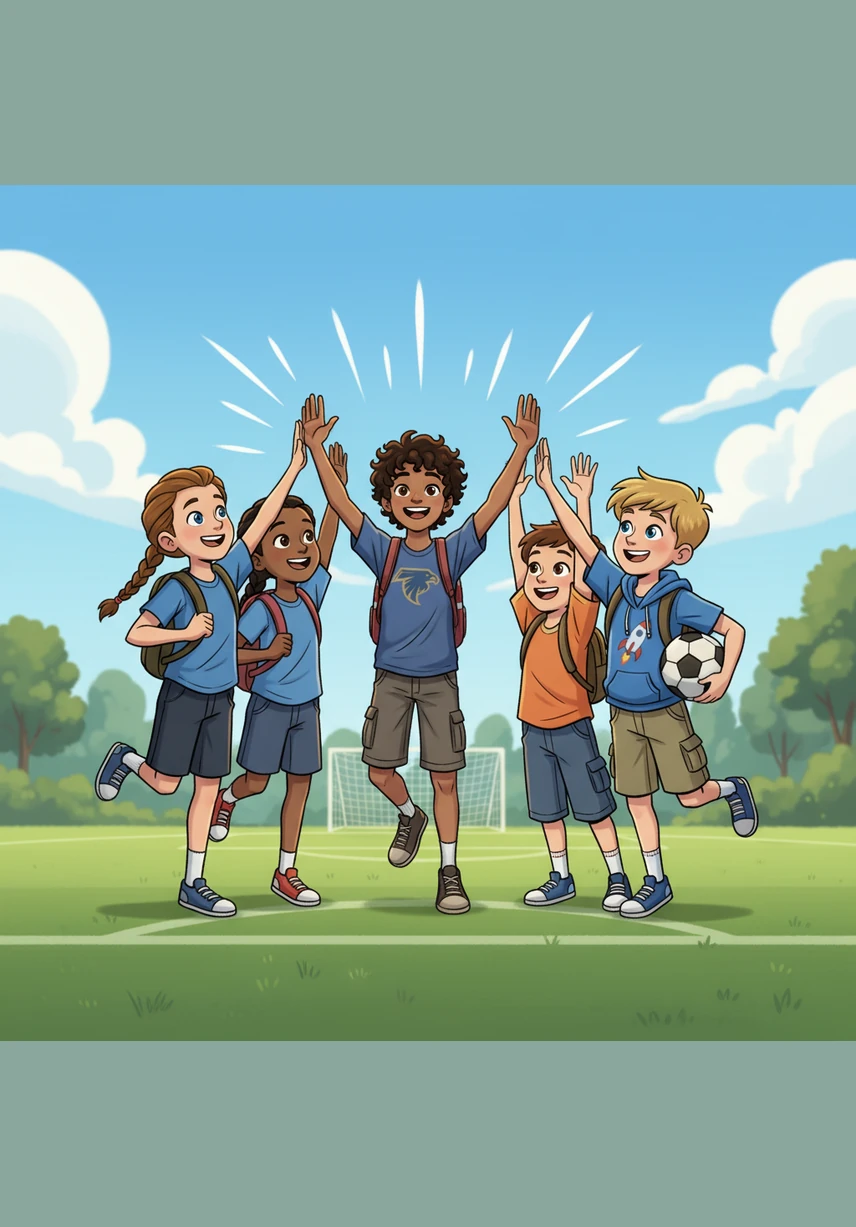 All of his friends run to Hussein and give him big high fives. They are all very happy and proud of their teamwork. It is a great day to play soccer.