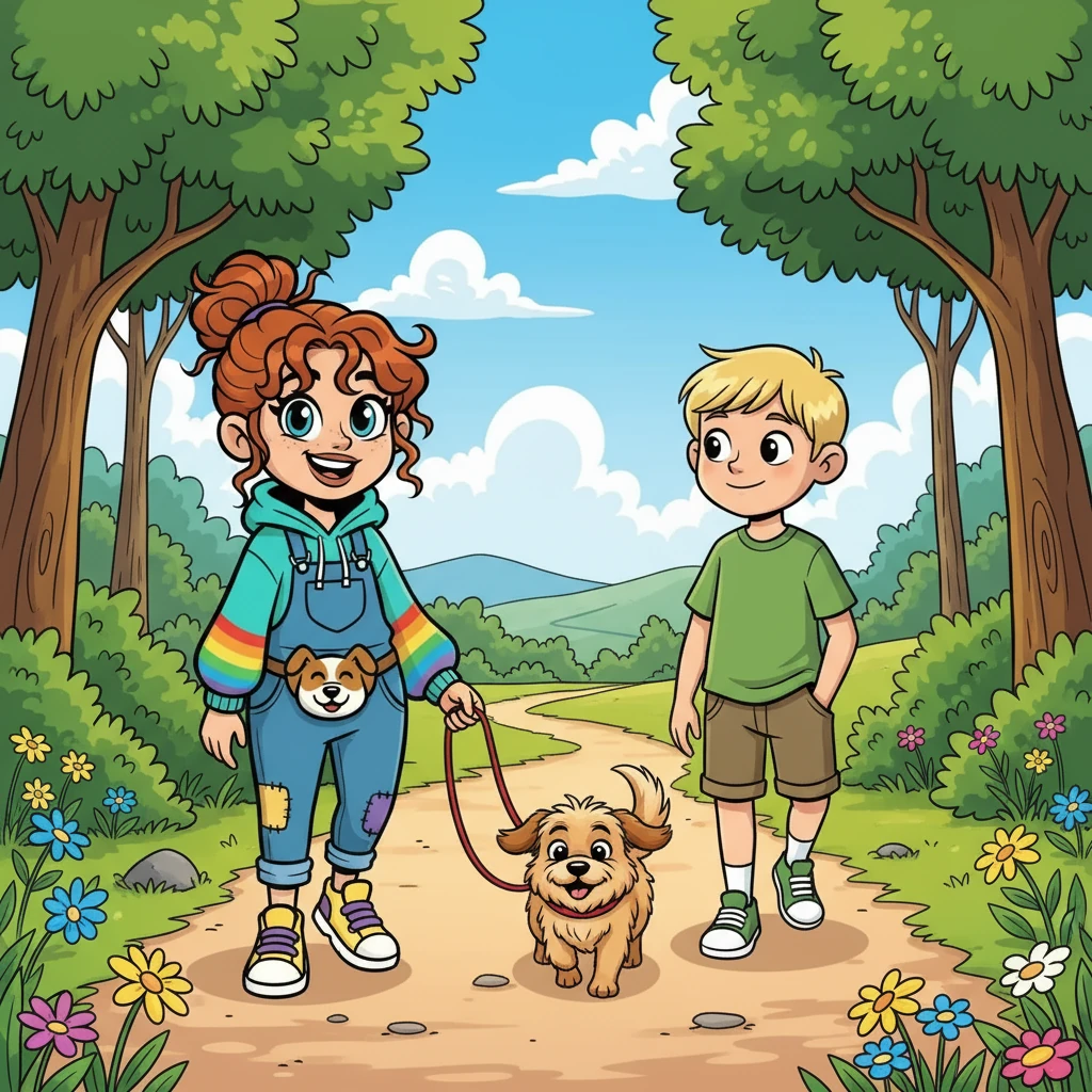 As they walked, Anna and Liam chatted easily, discovering a shared love for nature and long walks. Sunny trotted happily between them, enjoying the newfound friendship and beautiful weather.