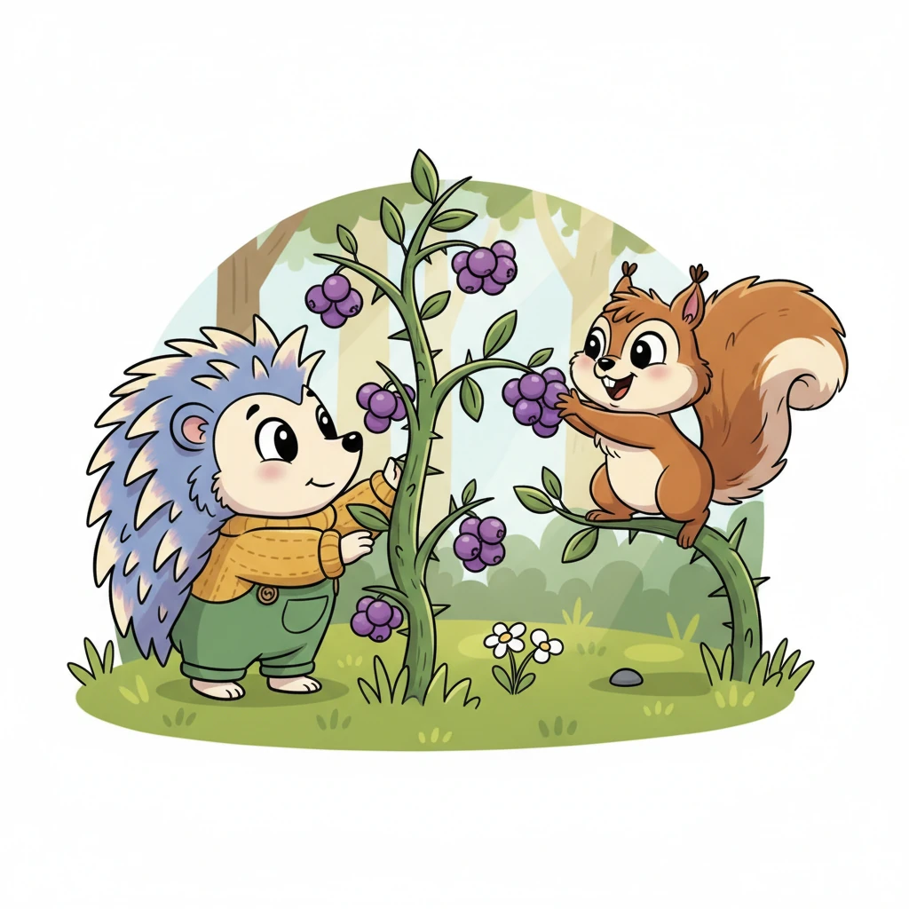 Soon, he reached a sun-kissed clearing, where a bushy-tailed Squirrel named Squeaky was bouncing excitedly. Squeaky was trying, with all her might, to reach a particularly plump cluster of berries high on a thorny bush. Pip, ever helpful, gently nudged the bush with his nose, making the branch dip just enough. Squeaky gasped with delight as she snatched the juicy treats.