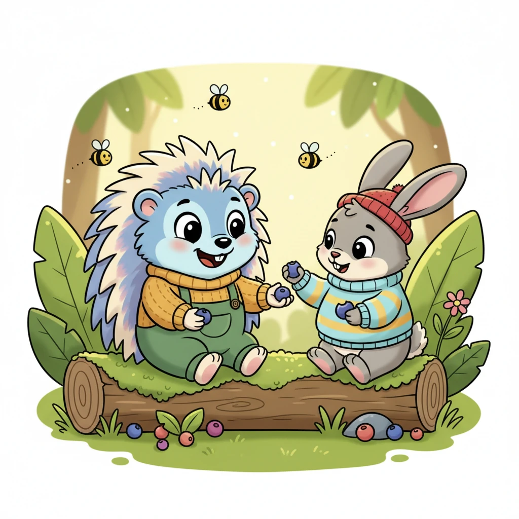 Squeaky chattered happily, offering Pip a handful of the sweet, ripe berries as a thank you. They sat side-by-side on a mossy log, munching contentedly in the peaceful clearing. The air was filled with the soft hum of bees and the rustle of leaves, making their shared snack even sweeter. Pip felt a warm glow of friendship fill his tiny chest.