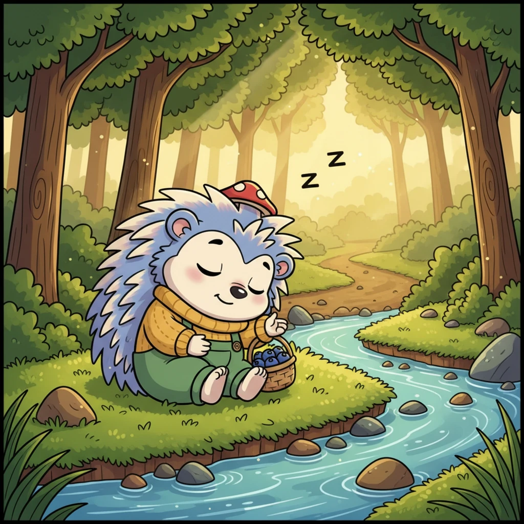 Feeling refreshed, Pip continued his journey, the gentle forest path winding ahead. He soon found himself beside a babbling brook, its clear water gurgling over smooth stones. A patch of velvety green moss beckoned, promising a perfect spot for a little rest. Pip curled up, feeling the warmth of the sun on his back.