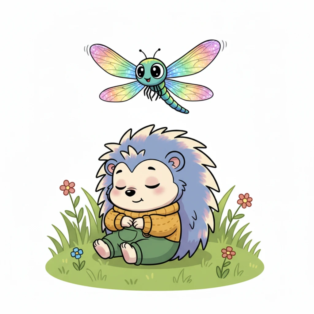 As Pip's eyelids grew heavy, a magnificent dragonfly with shimmering, rainbow-colored wings fluttered nearby. Its delicate body sparkled like a tiny jewel in the sunlight. The dragonfly hovered playfully, its big, friendly eyes seeming to wink at Pip before it danced away. Pip smiled softly in his sleep.