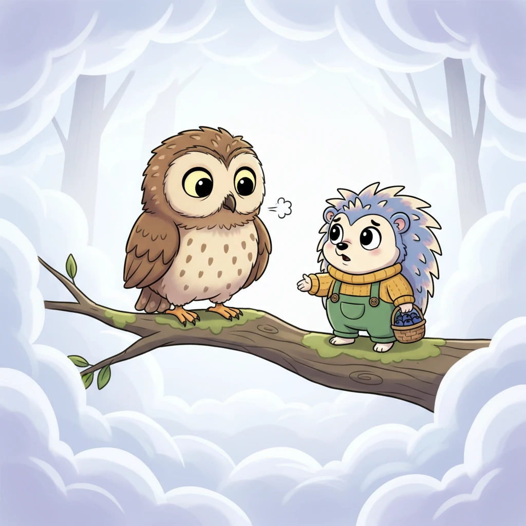 Through the swirling mist, Pip heard a low, thoughtful hoot. It was Barnaby Owl, perched precariously on a low branch, his usually wise eyes looking a little bewildered. "Oh dear," hooted Barnaby, "this fog has quite muddled my way home!" He looked quite lost and a little ruffled.