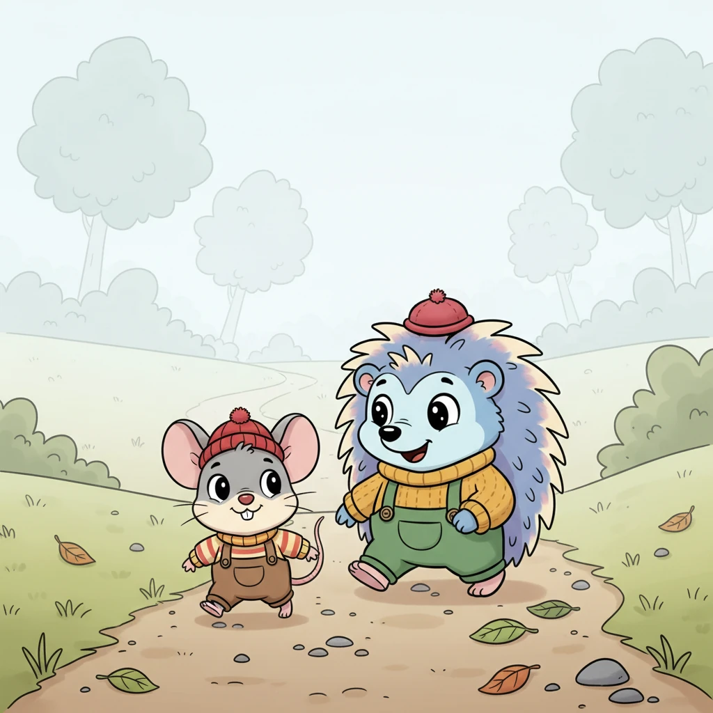 "Don't worry, Barnaby," Pip squeaked kindly, his small voice surprisingly clear in the quiet fog. "I know this path like the back of my paw!" He offered to lead the way, his sensitive nose twitching as he carefully navigated the misty ground. Barnaby gratefully hopped down, following Pip's tiny, sure steps.