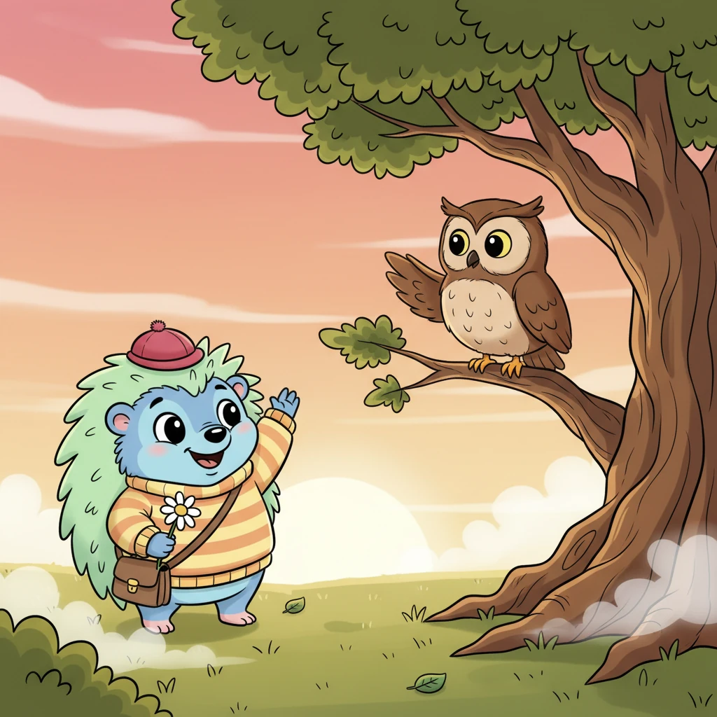 Together, they emerged from the fog just as the setting sun began to paint the sky with soft hues of orange and pink. Barnaby's familiar oak tree stood tall and welcoming before them. After a warm thank you and a gentle hoot, Pip waved goodbye, his heart full of the day's quiet magic and unexpected friendships. He knew he'd sleep soundly, dreaming of his gentle adventures.