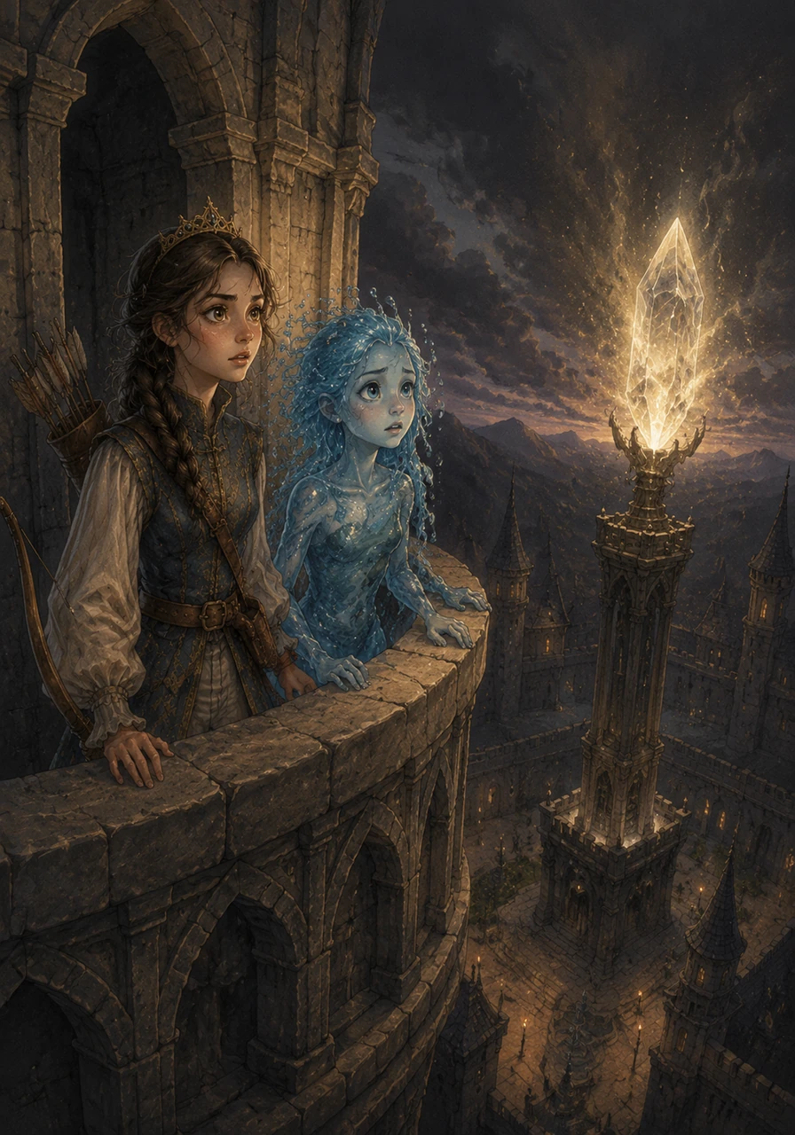 At the highest tower of the castle sat the Star of Everglen, a magnificent celestial crystal that bathed the entire kingdom in a warm, protective glow. One evening, the sisters noticed the star's brilliant light beginning to flicker and fade, casting long shadows across the courtyard.